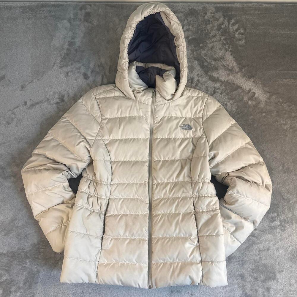 The North Face Womens Medium Beige Hooded Puffer Jacket Winter Coat